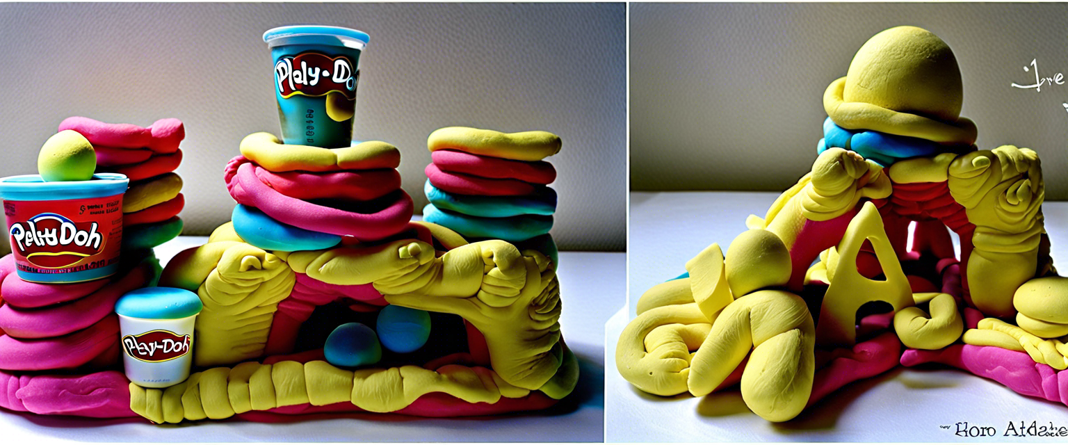 Estructura colorida y creativa hecha con plastilina Play-Doh, con varios contenedores del producto